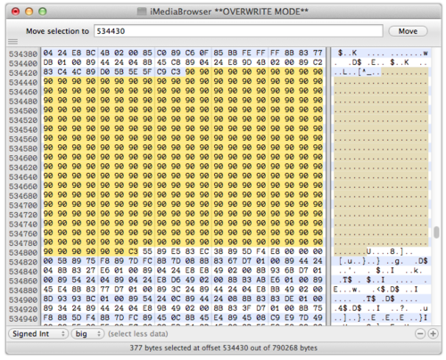 Hex Fiend window with selection contents replaced